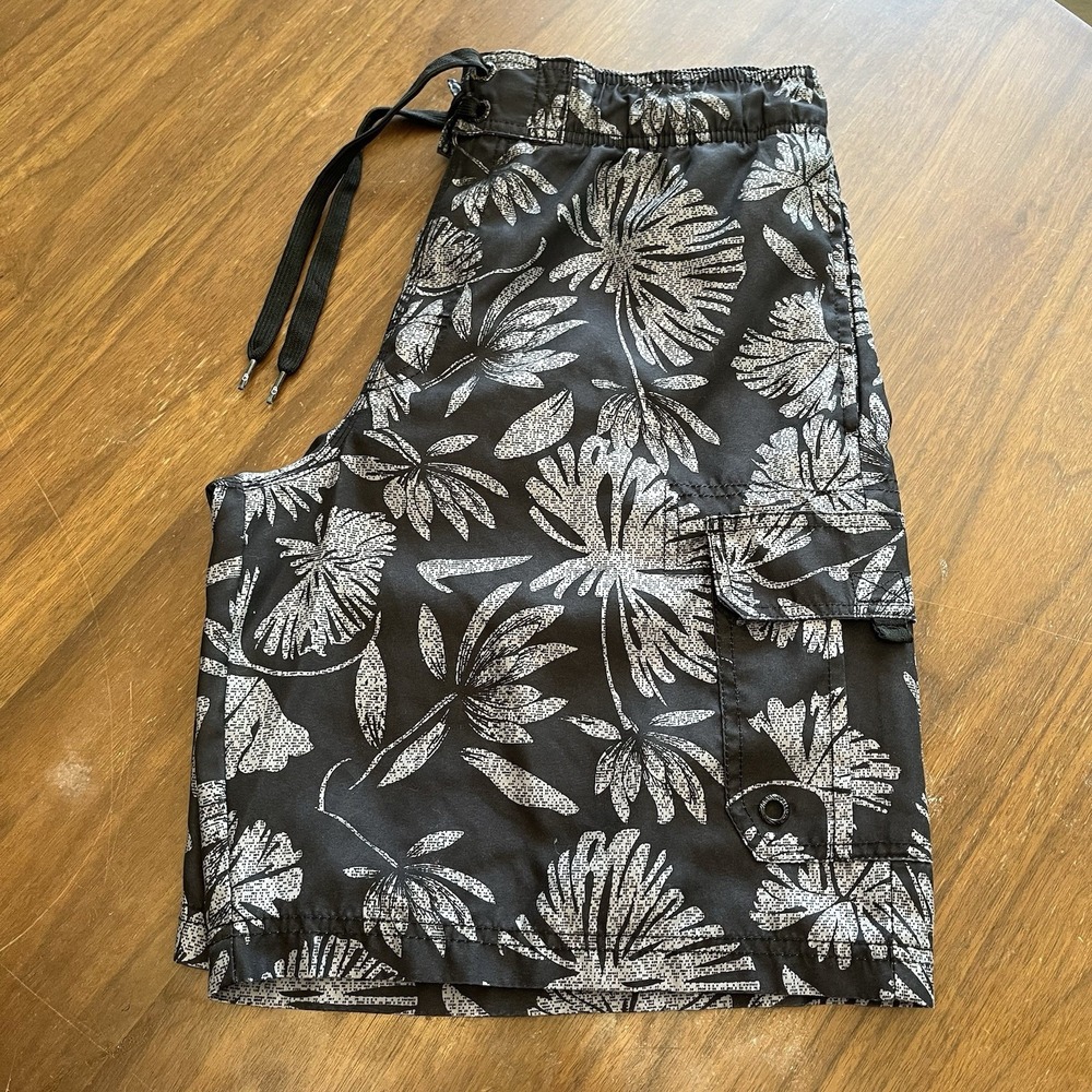 OP Board Shorts Surf Swim Trunks Black Floral Men's Sz M 32-34 9"